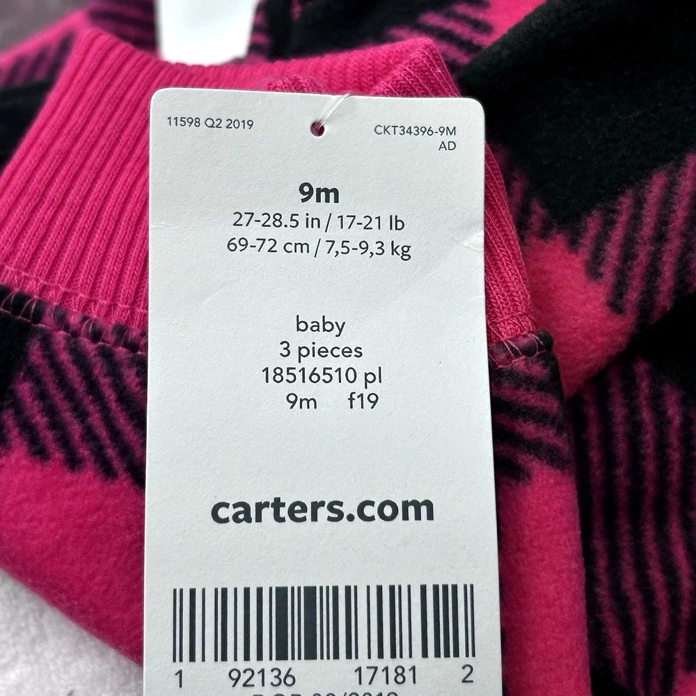Carters Baby Girls 3pc Fleece Jacket Top Pants Outfit Set Sz 9M Pink Navy White - Picture 8 of 9